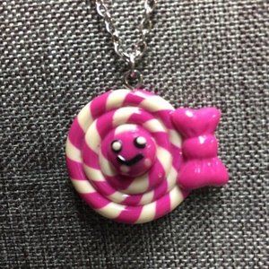 Lollipop Face Necklace As Is Silver Chain Pink White Swirl Bow Barbie Soft Girl